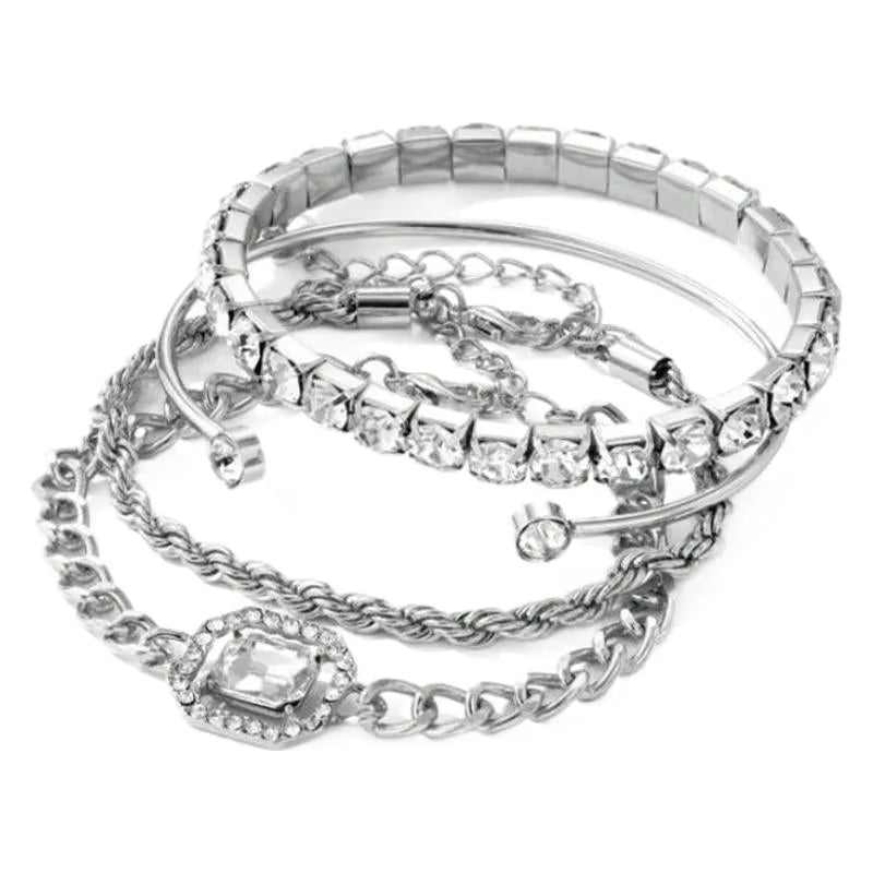 Retro style women's alloy chain jewellery four-piece set with geometric square diamond design in gold and silver tones