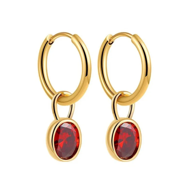 A pair of women's retro-style oval zircon stud earrings in copper, showing one of the six available stone colour options.