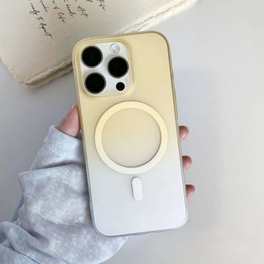 Gradient coloured frosted magnetic suction case for iPhone on a table