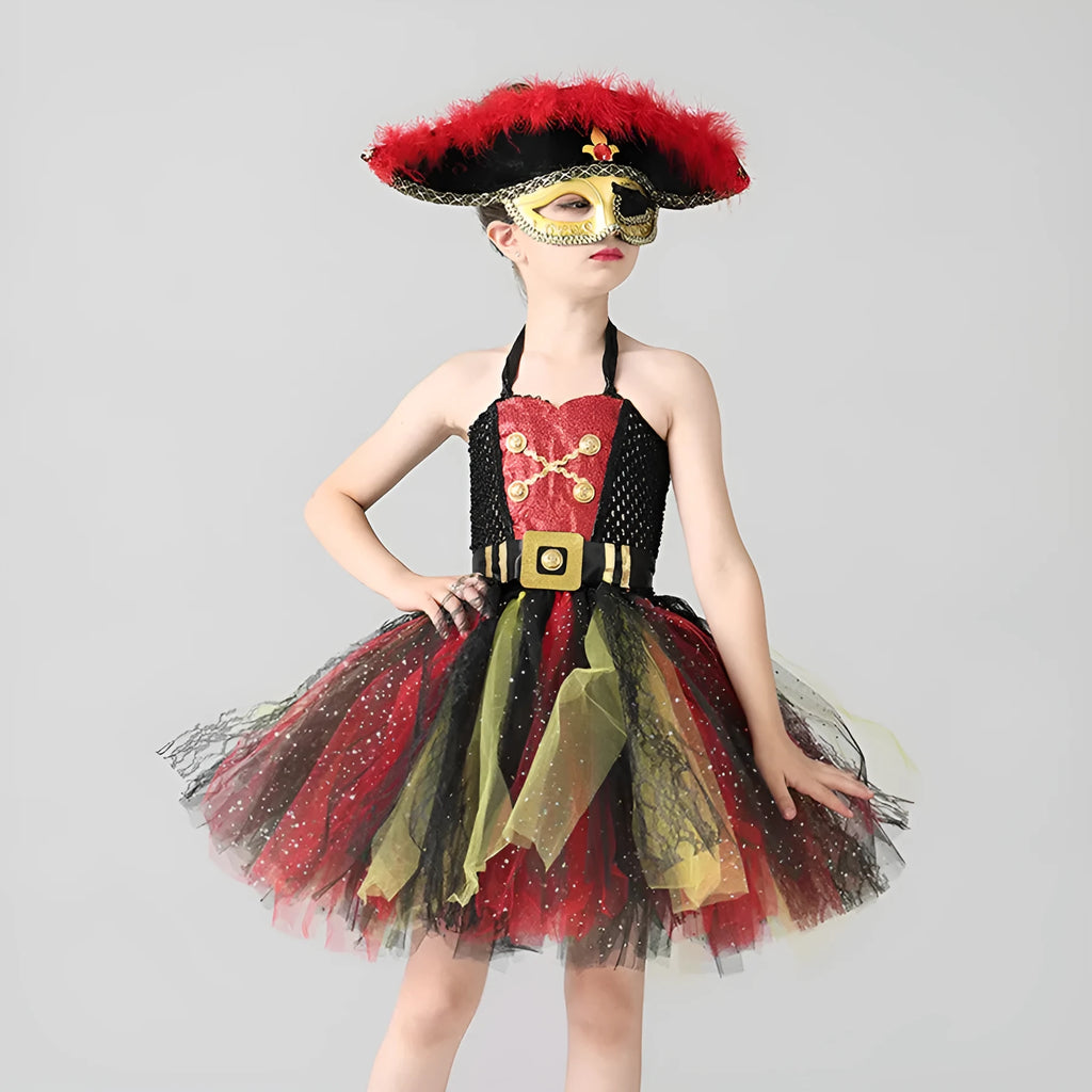 Girls pirate Halloween costume with sequin gauze skirt, mesh panels and lace details