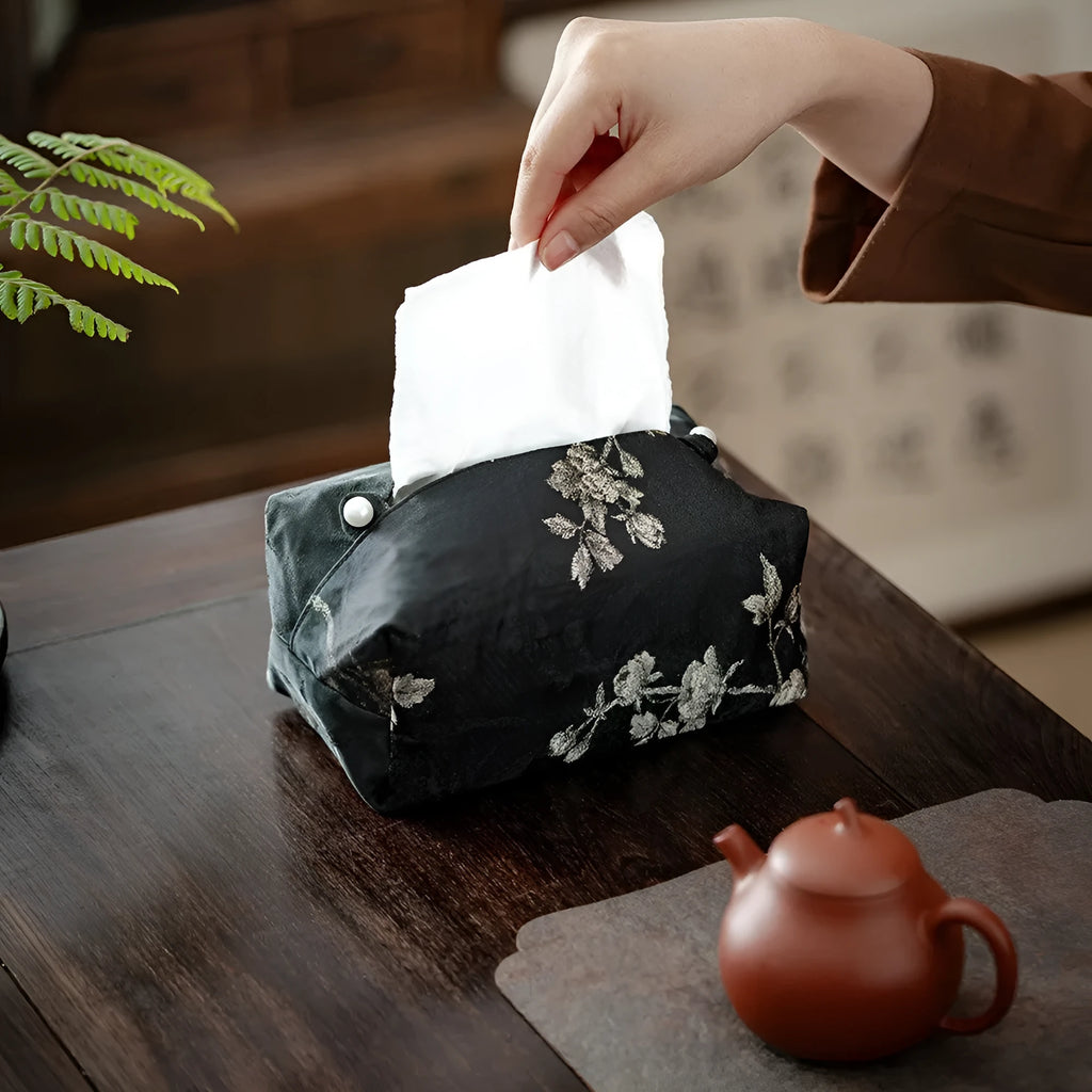 New Chinese brocade fabric tissue box cover in embroidery white plum colour with optional pearl buckle.