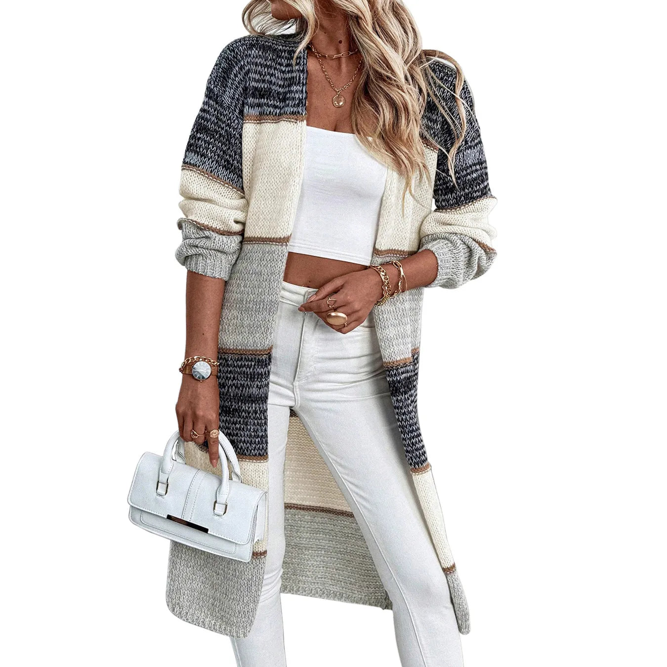 Grey striped plaid knitted cardigan loose fit long sleeve women's casual