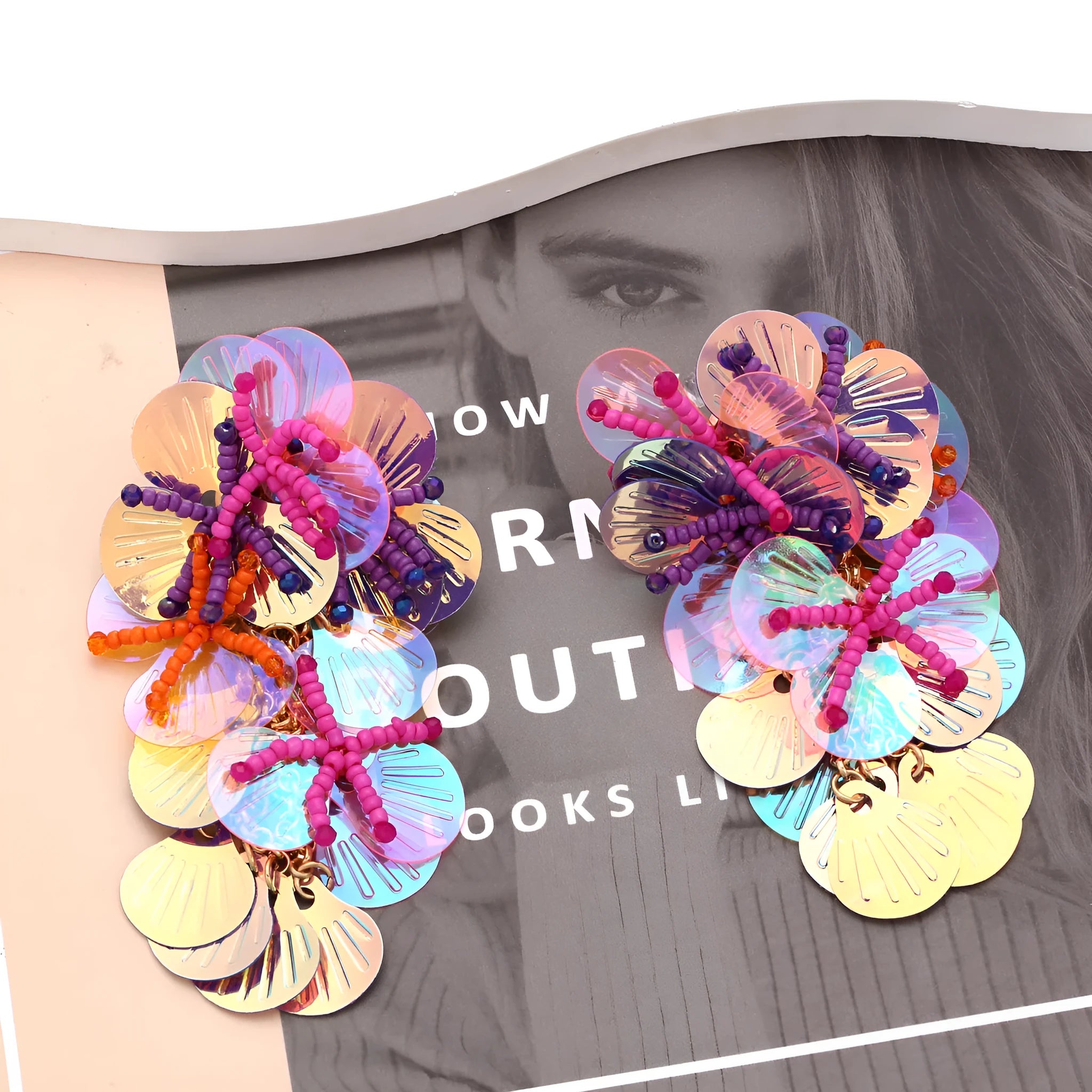 Handmade string bead flower earrings in purple, rose, and multicolour exaggerated designs