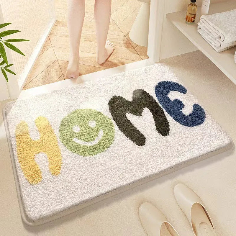 Square Sky Sea rainbow pattern cashmere-effect floor mat with a plastic anti-slip backing.