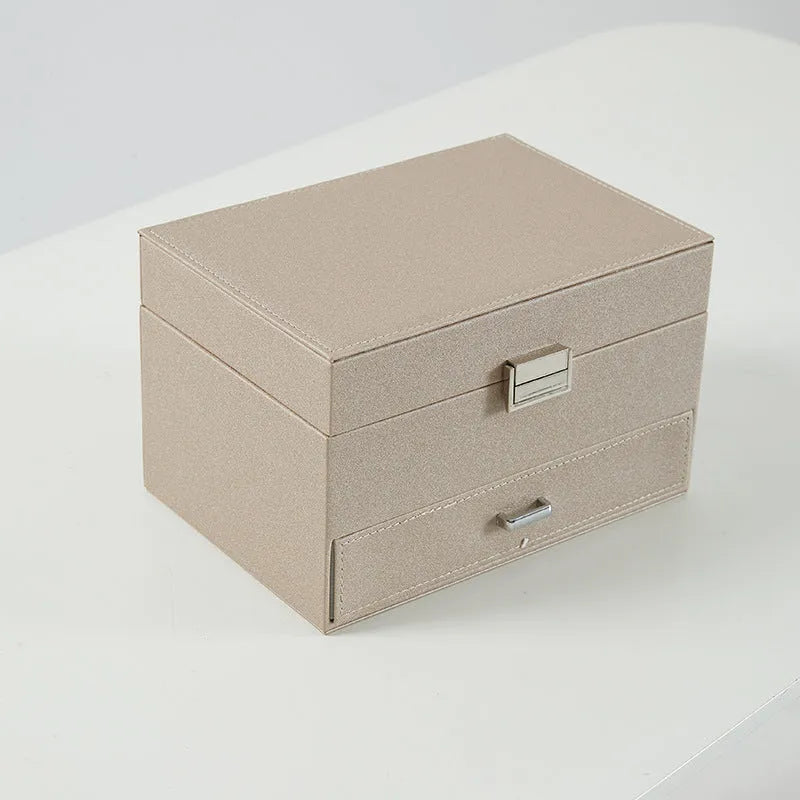 Hard PU leather jewelry storage box in beige colour showing dimensions