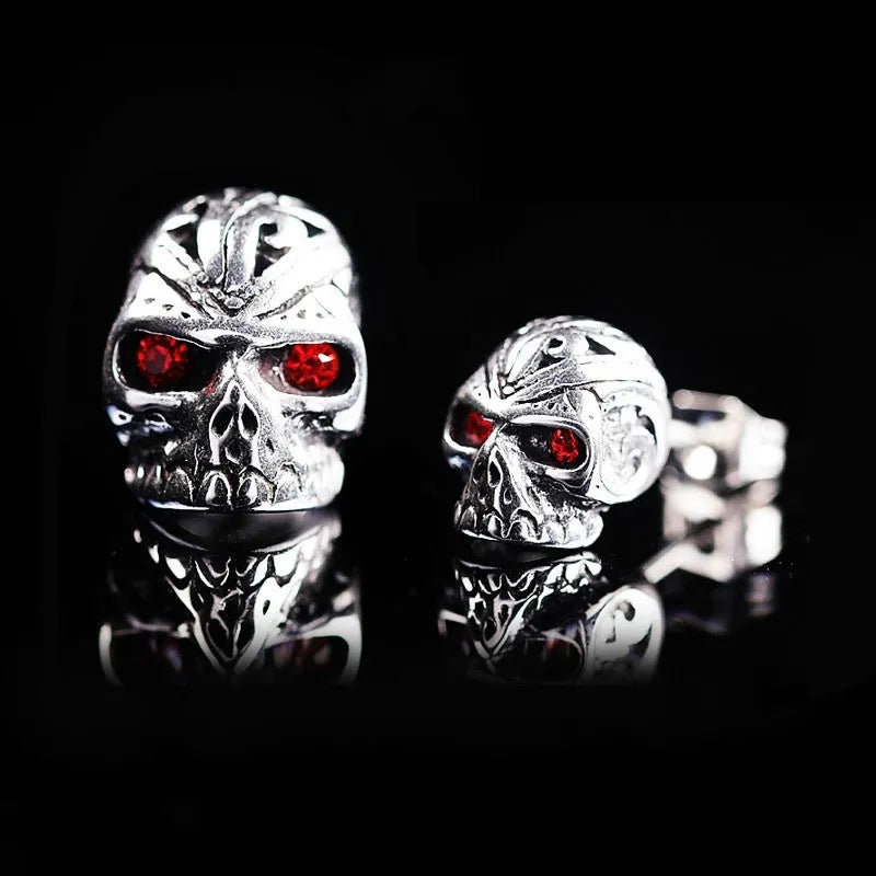 Retro skull stud earrings with red eye ghost head design and alloy gemstone inlay