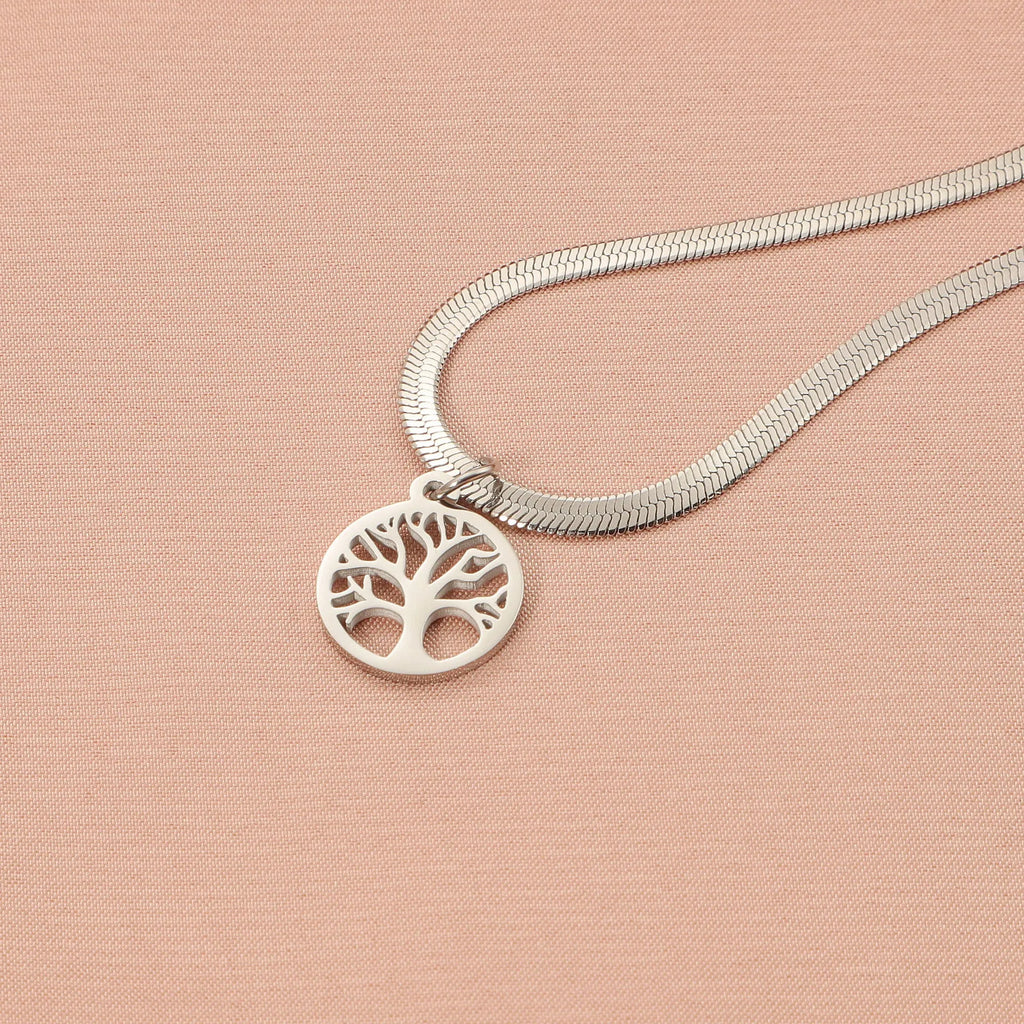 Stainless steel U-shaped lucky tree necklace with adjustable collar bone chain in gold or steel colour