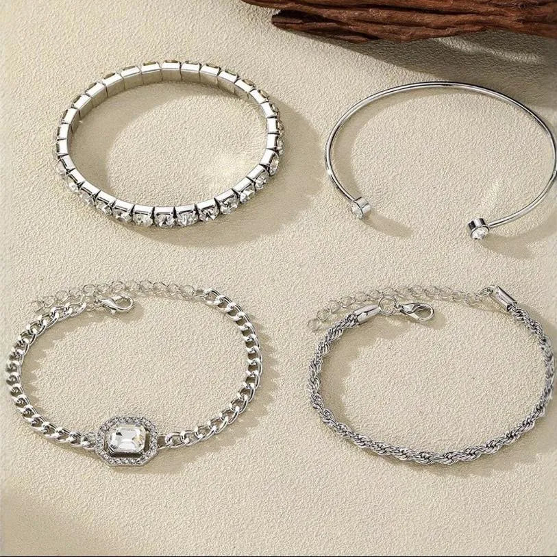 Retro style women's alloy chain jewellery four-piece set with geometric square diamond design in gold and silver tones