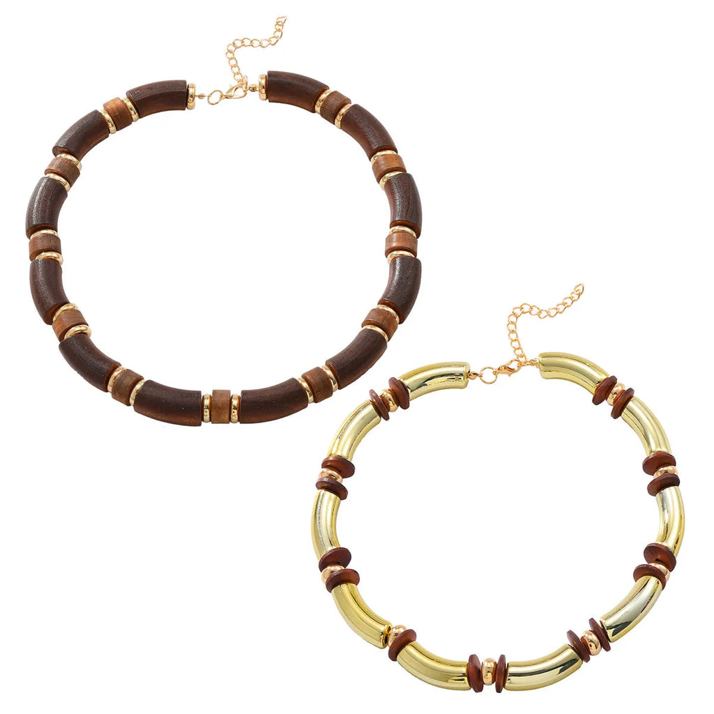 Ladies alloy necklace and bracelet set with a multi-layer wooden pendant.