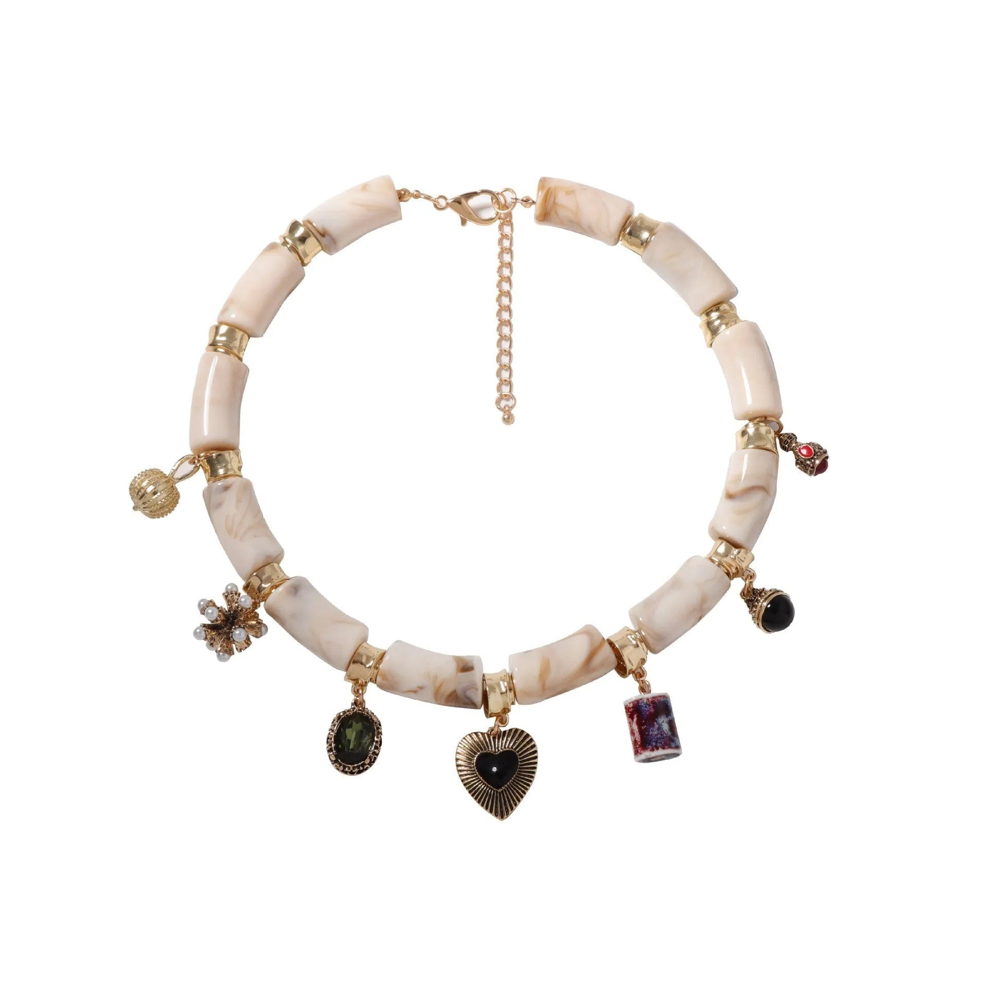 Resin bamboo necklace with heart-shaped pendant and electroplated finish