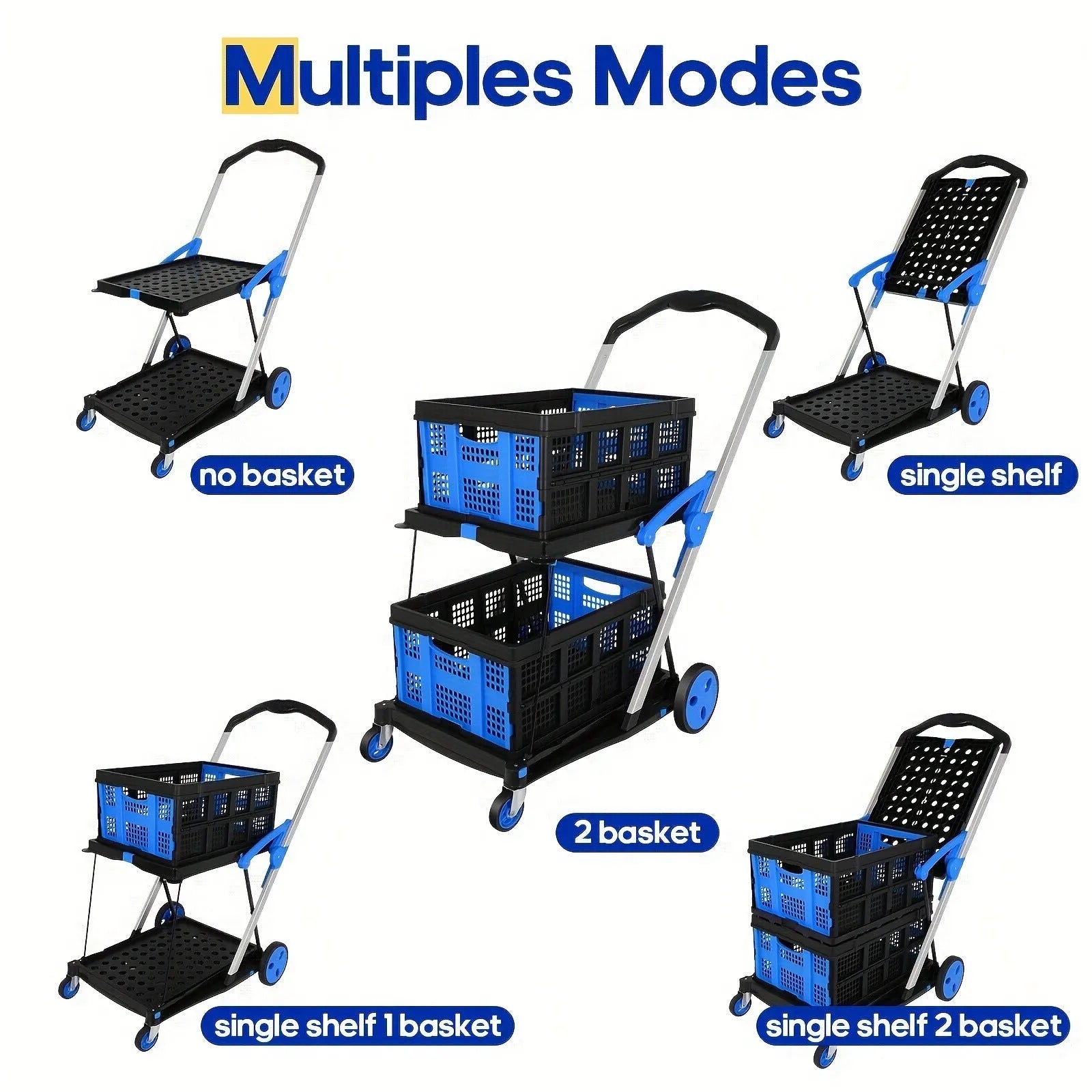 Foldable plastic shopping cart with double basket design in blue colour option