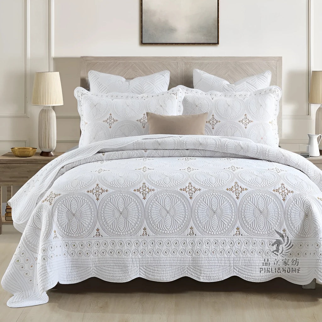 Pure cotton embroidery clip bed cover set with European-style design on 1.8 metre bed