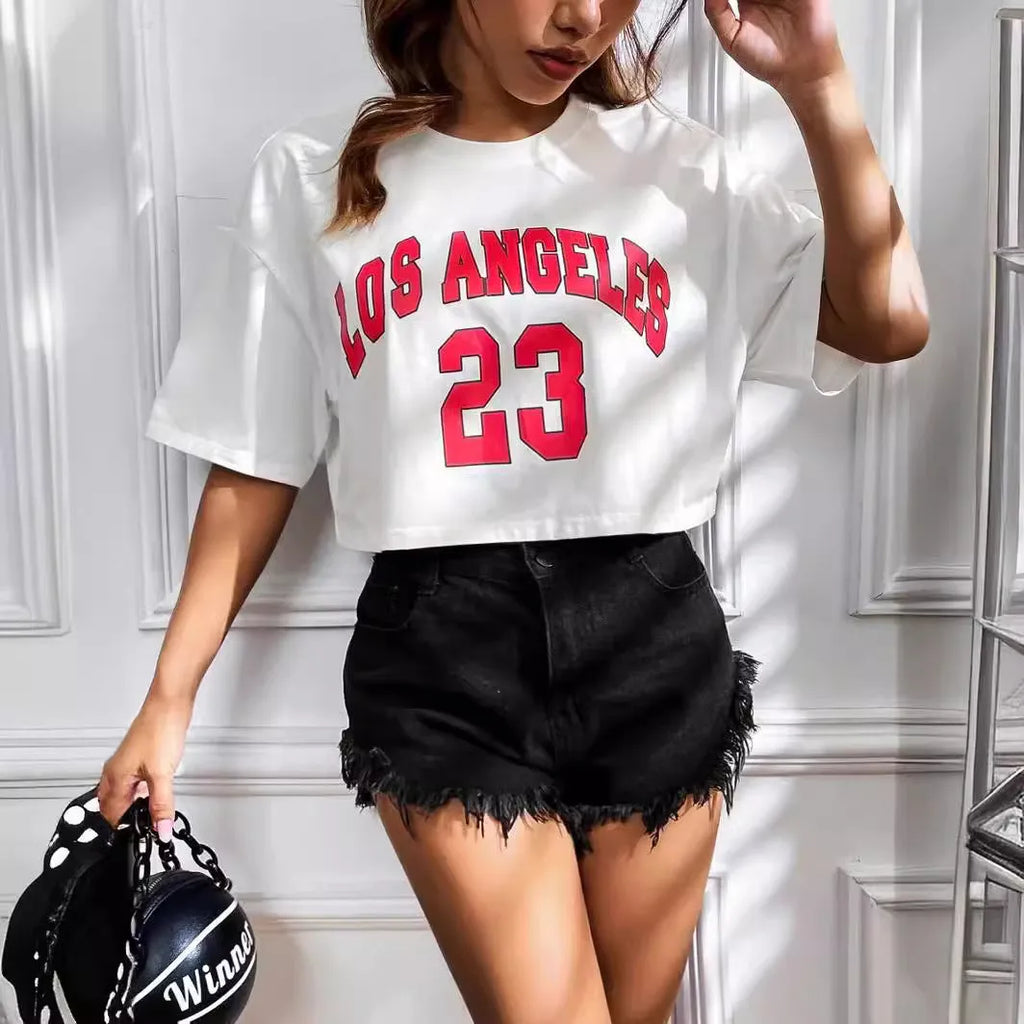 Loose fit cotton t-shirt with large printed English letters on the front in a casual style.