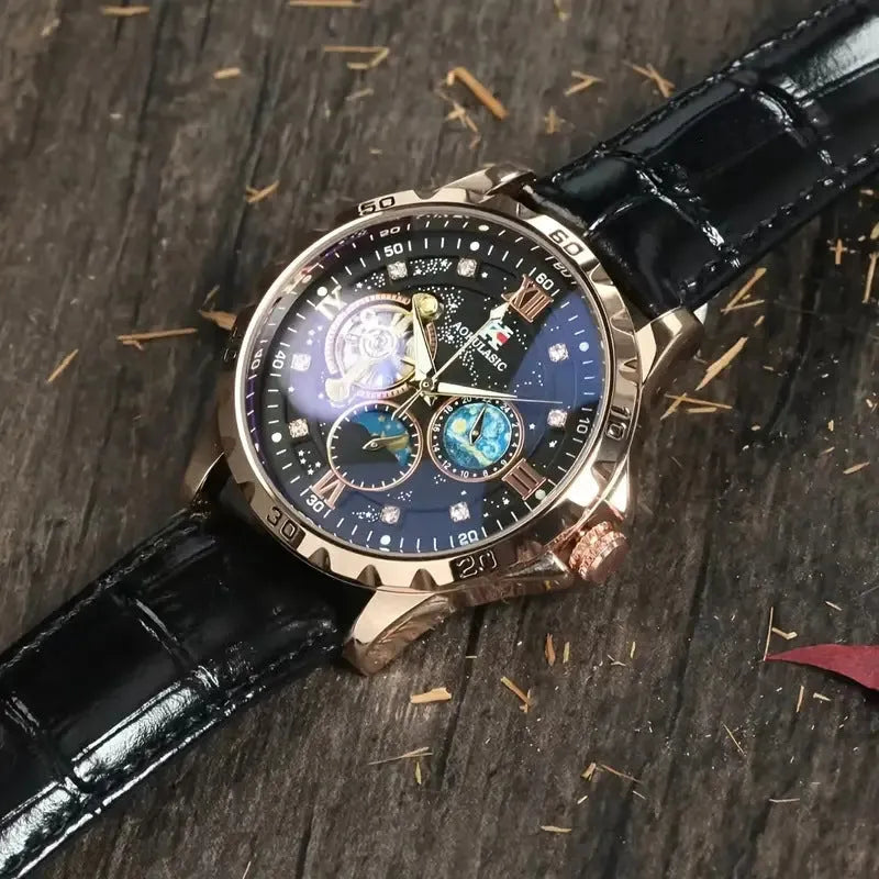 Men's black and rose gold automatic skeleton watch on a leather strap