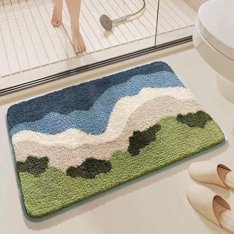 Square Sky Sea rainbow pattern cashmere-effect floor mat with a plastic anti-slip backing.