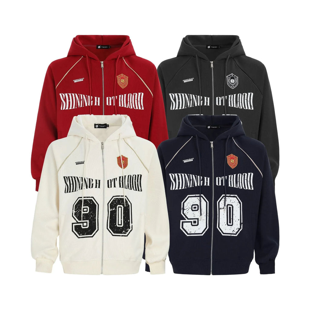 Women's loose American retro hooded cardigan jacket with letter embroidery in cotton blend fabric