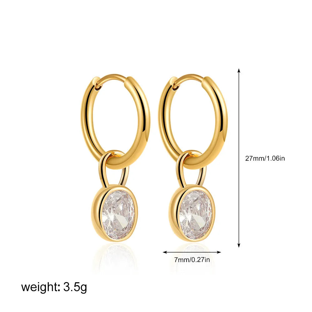 A pair of women's retro-style oval zircon stud earrings in copper, showing one of the six available stone colour options.