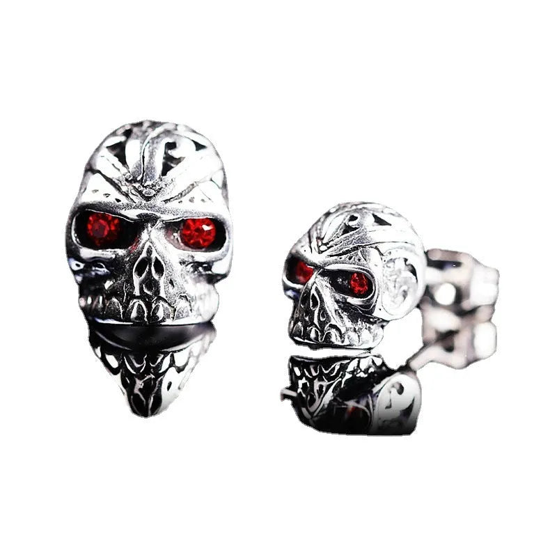 Retro skull stud earrings with red eye ghost head design and alloy gemstone inlay