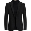 Slim fit men's wool suit jacket in grey, shown on a hanger.
