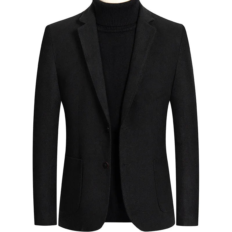 Slim fit men's wool suit jacket in grey, shown on a hanger.