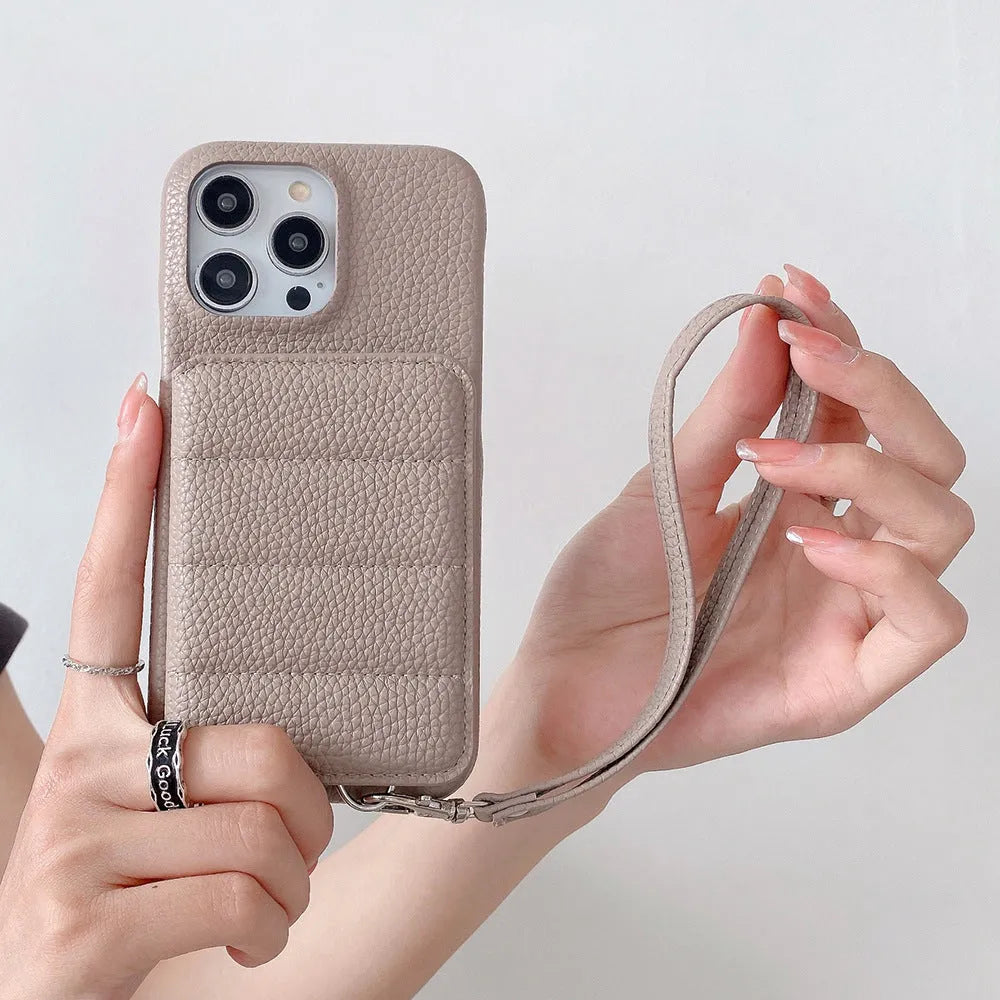 Drop-resistant leather down card holder phone case for iPhone in black with lanyard and bracket