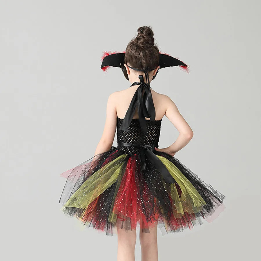Girls pirate Halloween costume with sequin gauze skirt, mesh panels and lace details