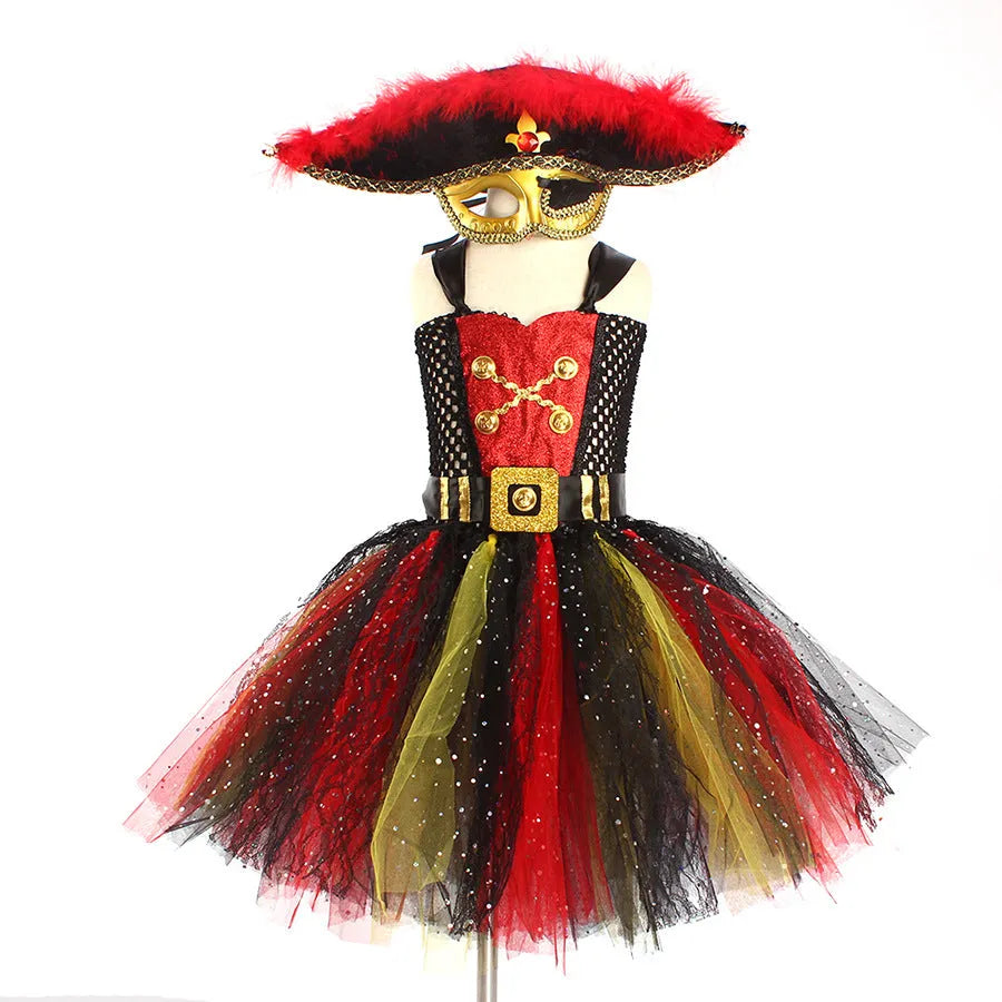 Girls pirate Halloween costume with sequin gauze skirt, mesh panels and lace details