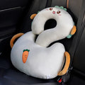 Square cartoon cushion with question mark and animal hug design in assorted colours on a neutral background.
