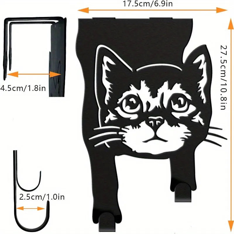 Black iron wall-mounted decorative cat hook for punch-free door or wall organisation.