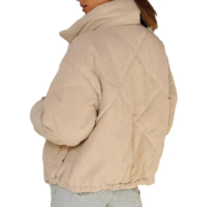 Women's apricot corduroy wadded jacket with stand collar and full-length front zipper.