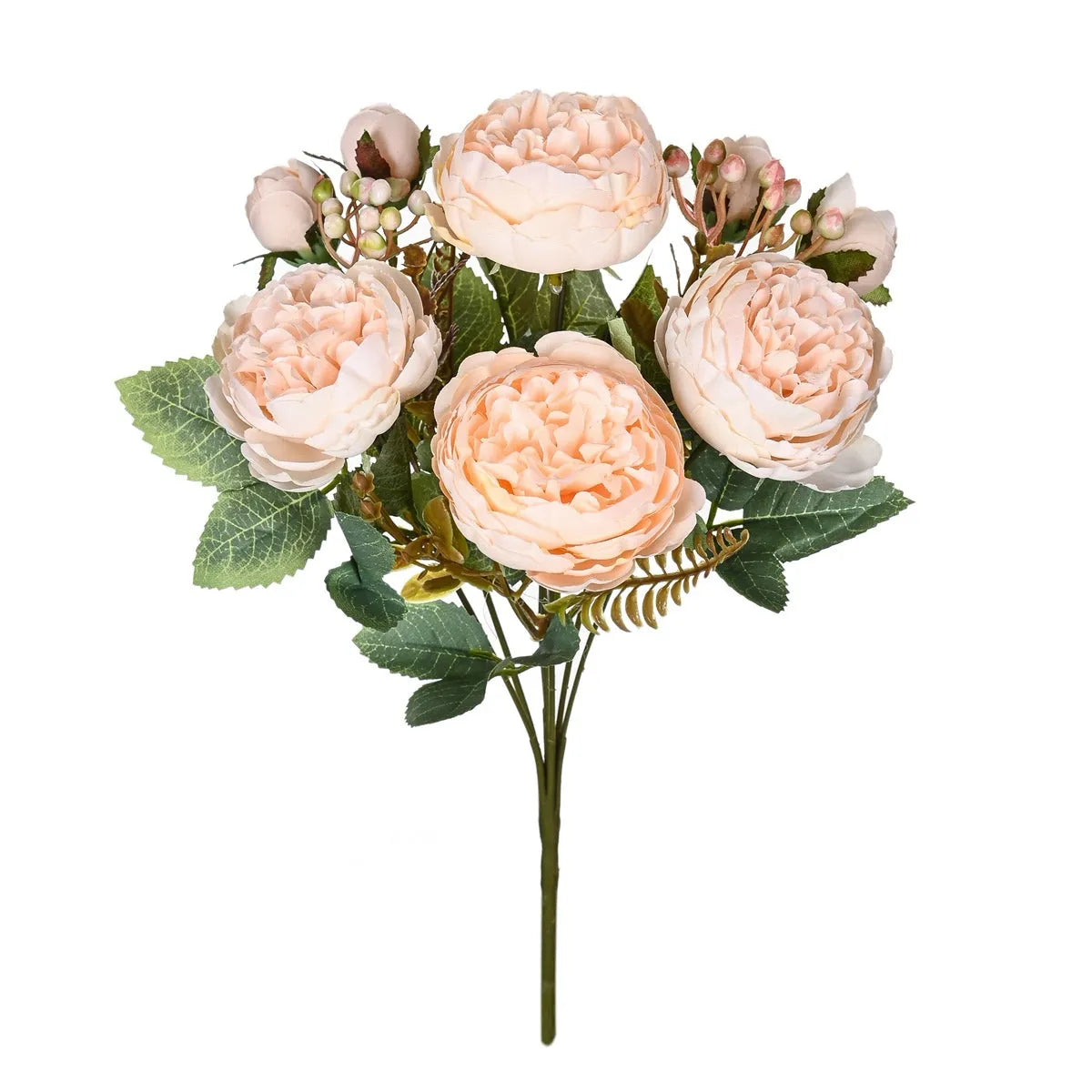 Artificial silk peony flower bouquet in champagne, pink, purple, sand red, or white for home and event decoration.