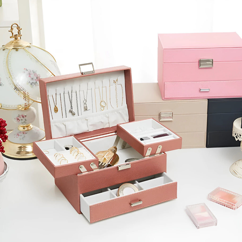 Hard PU leather jewelry storage box in beige colour showing dimensions