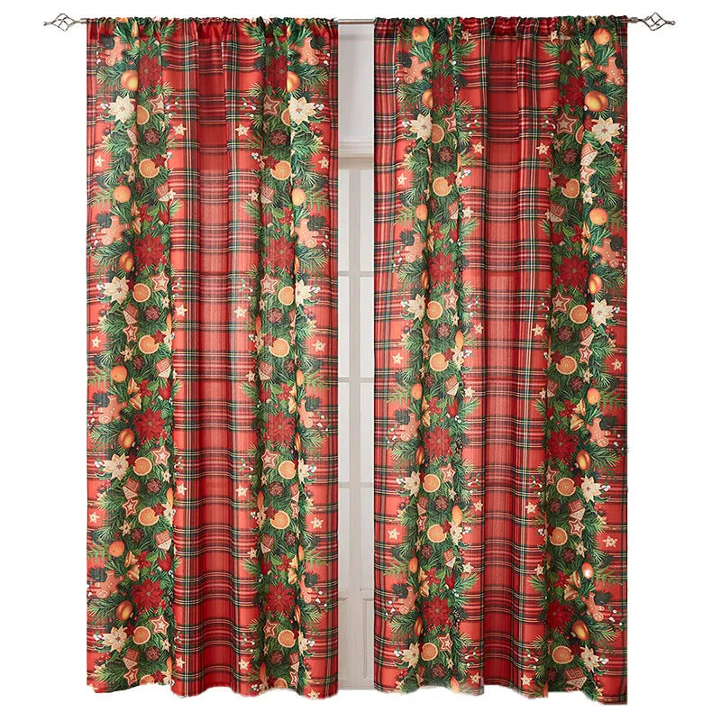 Rectangular Christmas-themed curtain with printed designs showing semi-sunshade function