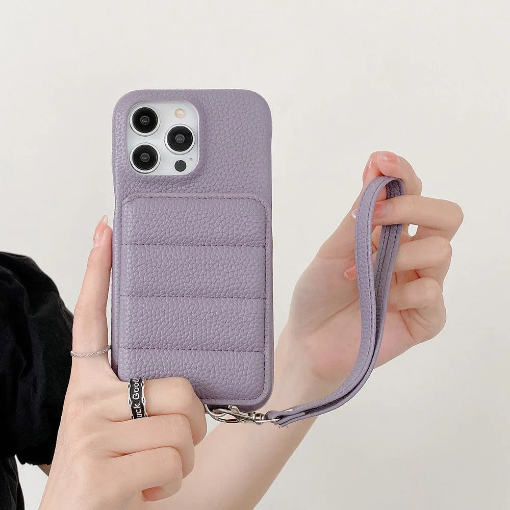 Drop-resistant leather down card holder phone case for iPhone in black with lanyard and bracket