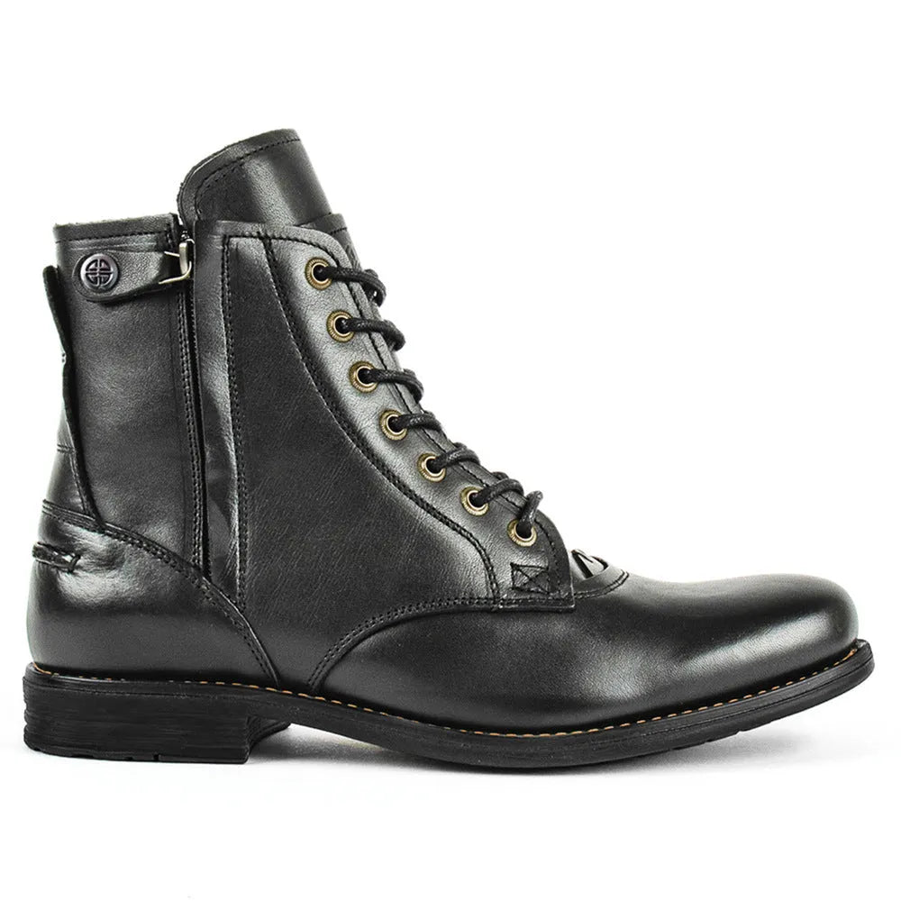Men's black leather ankle boots with side zipper and low heel
