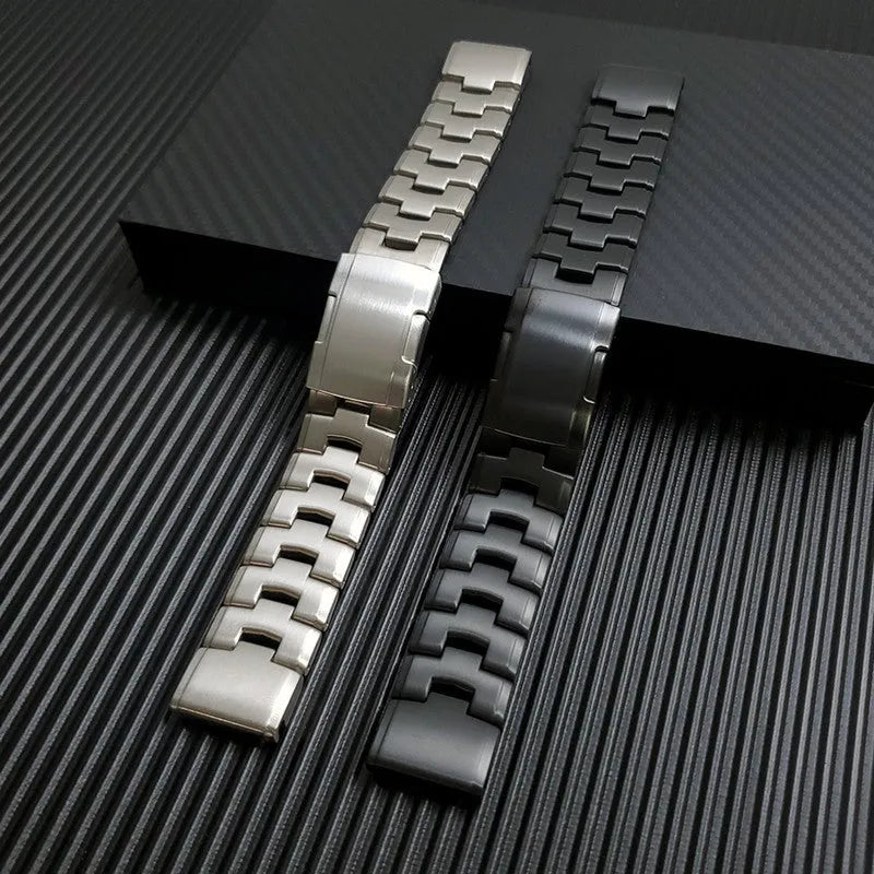 Garmin Jiaming Fenix watch replacement strap in black, silver, titanium colours showing 22mm and 26mm width options