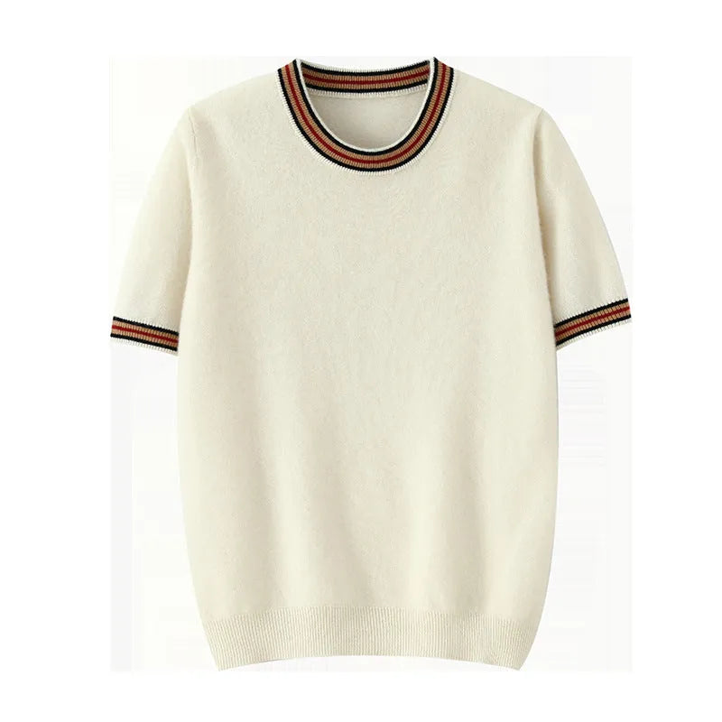Men's grey pure wool short sleeve round neck pullover sweater on a hanger.