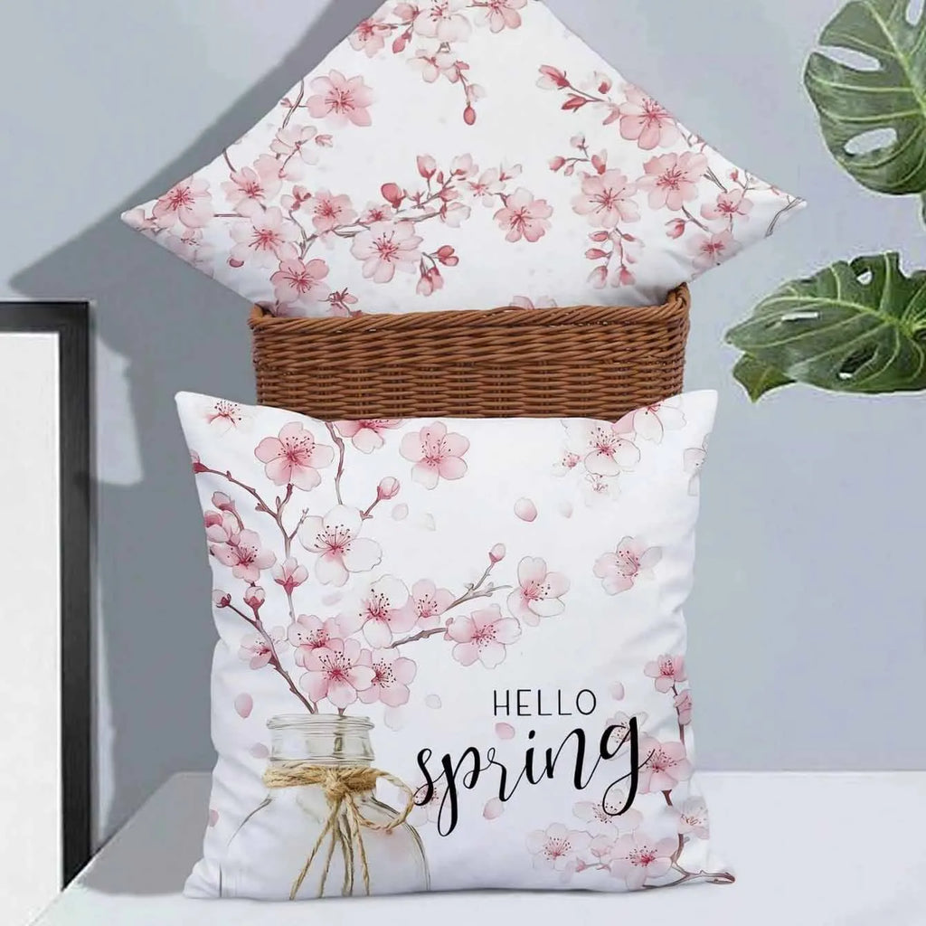 Short velvet cushion cover with spring cherry blossom and letter design, 45x45cm.