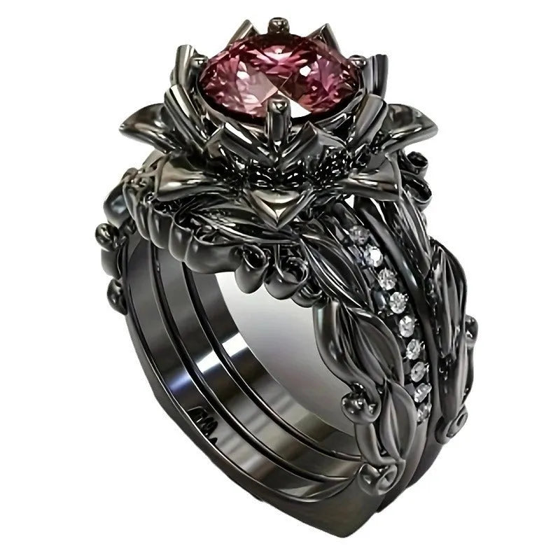 Geometric flower design women's ring with rose inlaid zircon in choice of rose gold, black pink diamond, or multi-colour rhinestone finish.