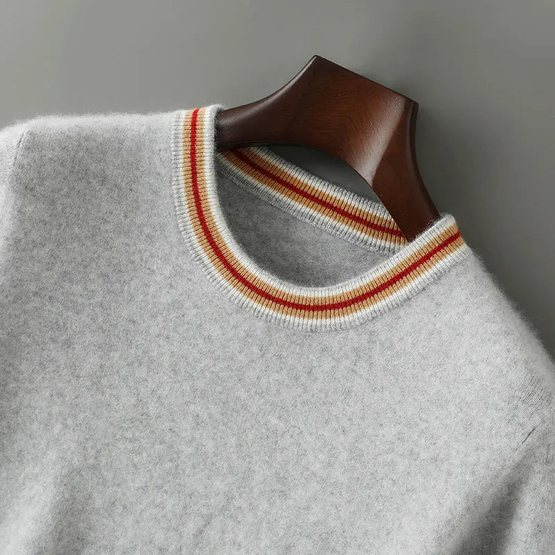 Men's grey pure wool short sleeve round neck pullover sweater on a hanger.