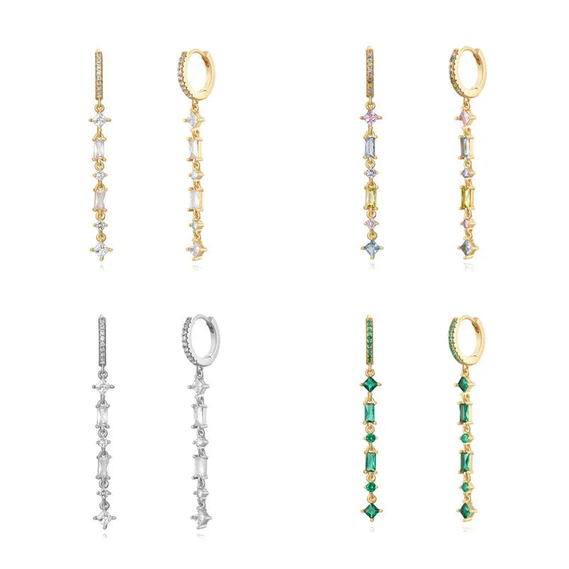 Sterling silver geometric U-shaped ear clips with micro-inlaid colourful zircon stones and alloy posts