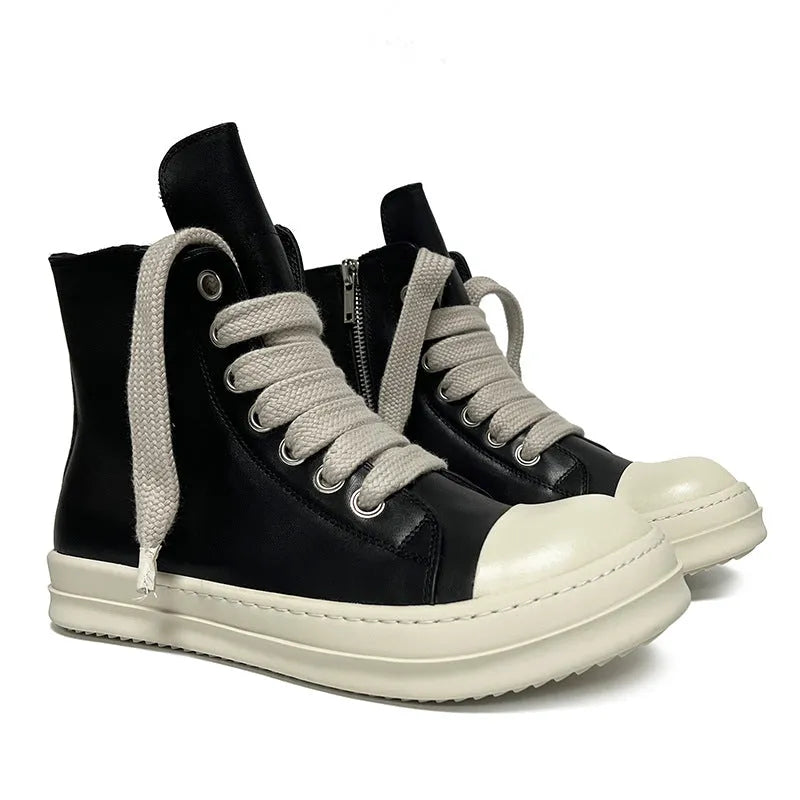 Genuine leather high-top sneakers with side zipper in black, shown on a white background.