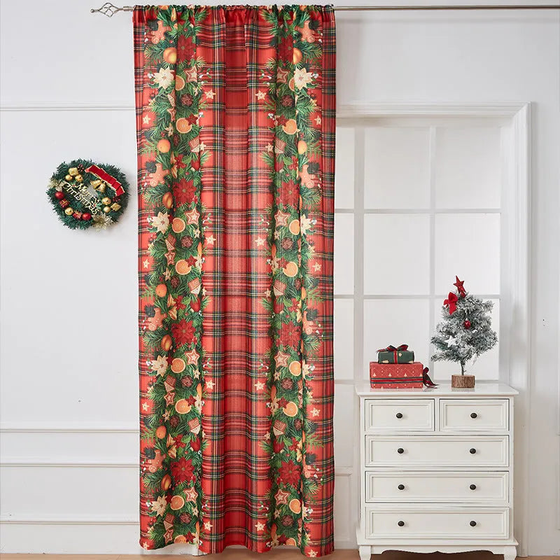 Rectangular Christmas-themed curtain with printed designs showing semi-sunshade function