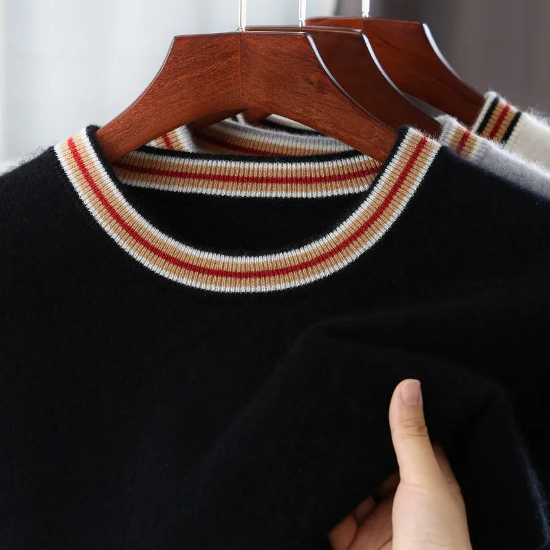 Men's grey pure wool short sleeve round neck pullover sweater on a hanger.