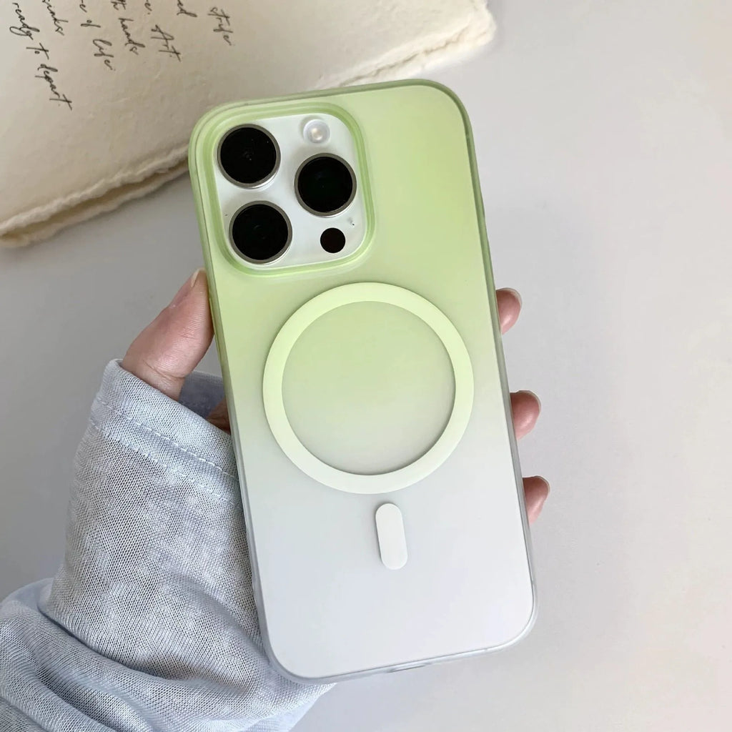 Gradient coloured frosted magnetic suction case for iPhone on a table