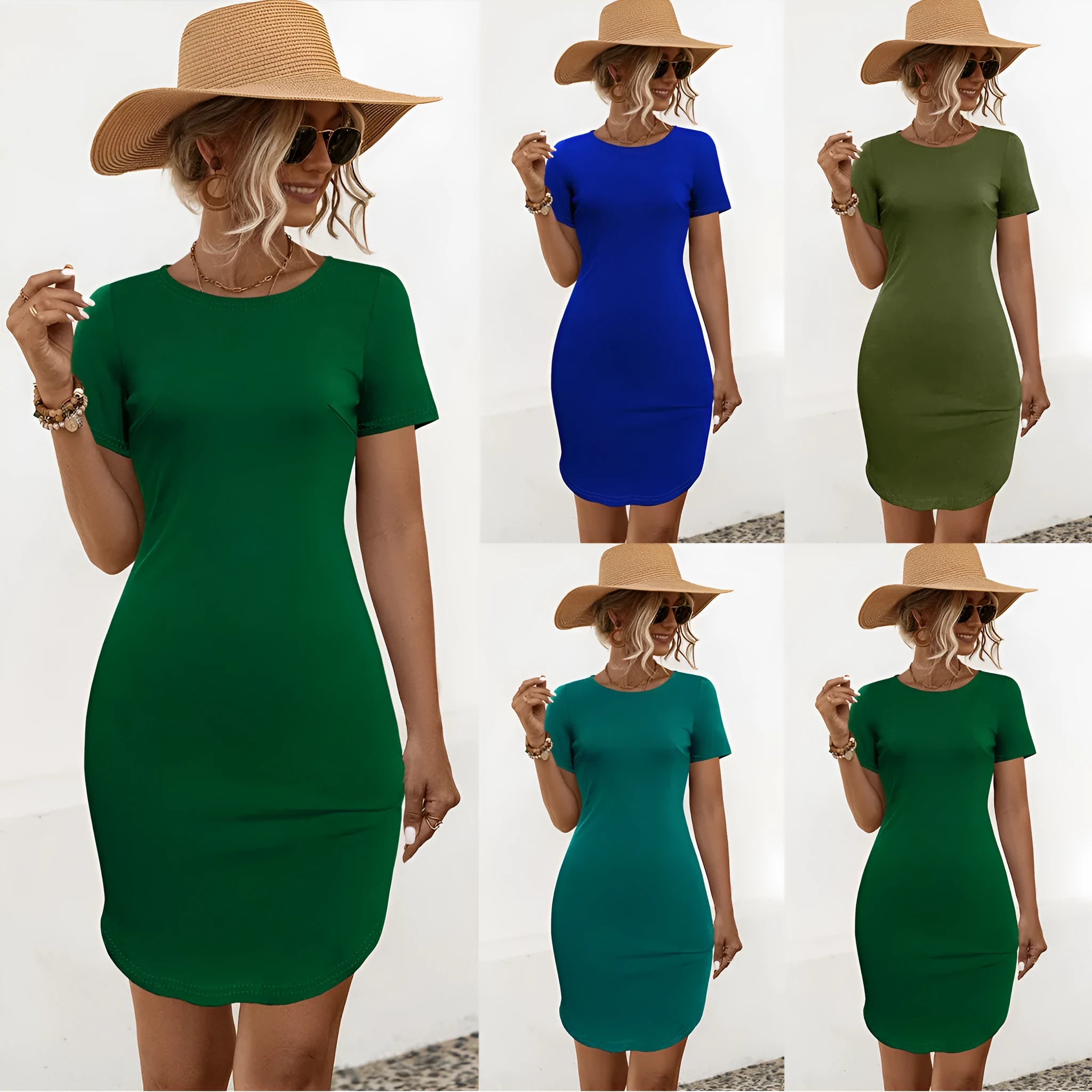 Women's slim fit short sleeve dress with a U-shaped split in an army green colour.