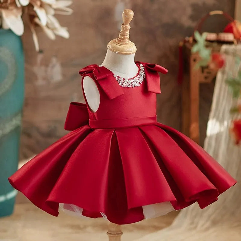 Red satin princess-style dress for girls, suitable for piano performances, polyester fiber, sizes 80-130cm