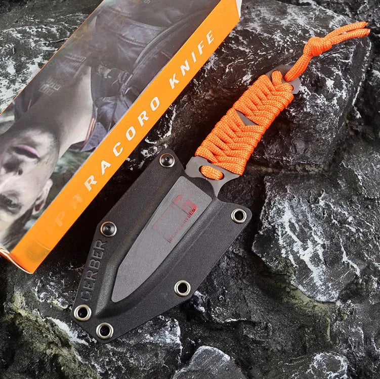 Outdoor straight survival knife with rope-wrapped handle and black ABS plastic sheath