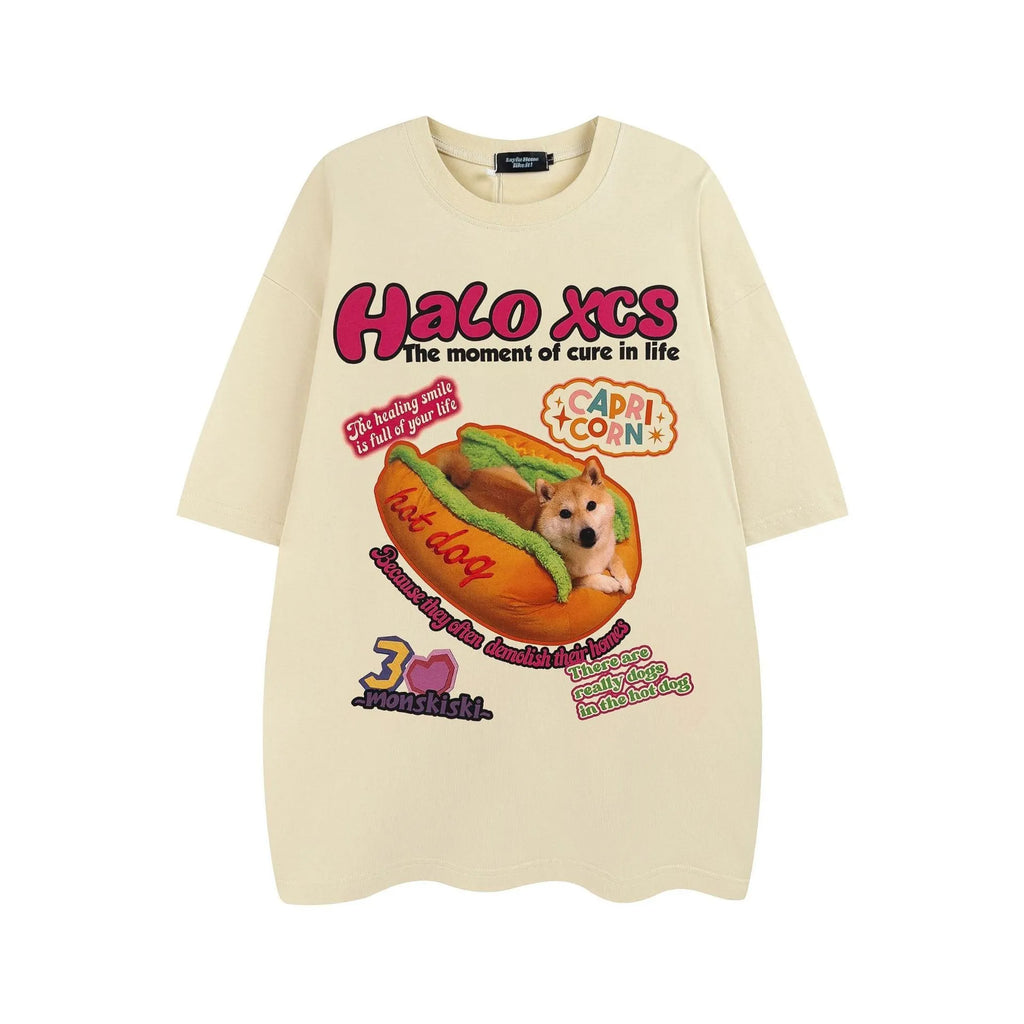 Cartoon hamburger dog printed cotton T-shirt in loose fit with short sleeves