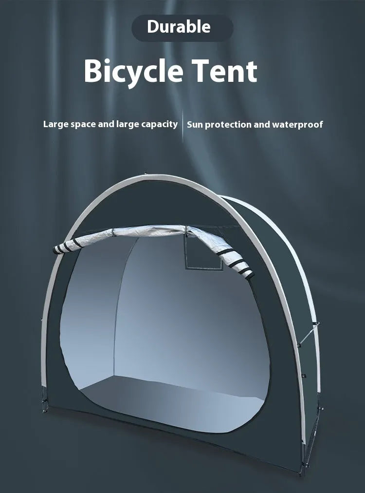 Black outdoor bicycle storage tent showing roof design and dimensions for two bikes